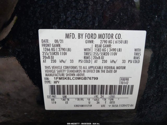 46238777 :رقم المزاد ، 1FM5K8LC0MGB76799 vin ، 2021 Ford Explorer King Ranch مزاد بيع