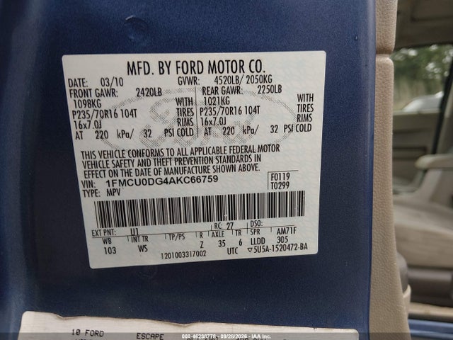 2010 Ford Escape Xlt მანქანა იყიდება აუქციონზე, vin: 1FMCU0DG4AKC66759, აუქციონის ნომერი: 46238778