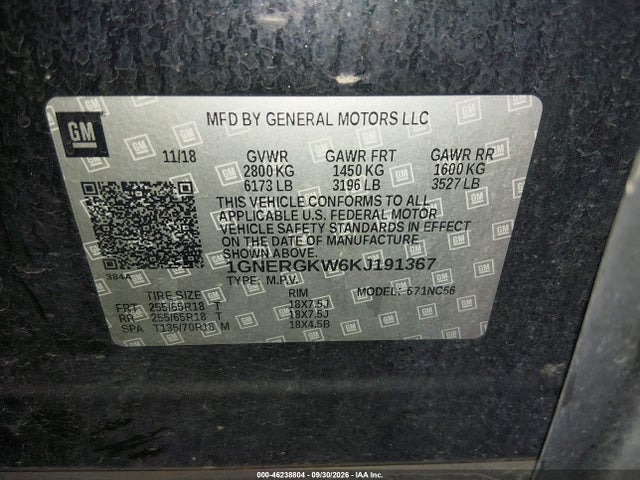 Aukcja sprzedaży 2019 Chevrolet Traverse 1lt, vin: 1GNERGKW6KJ191367, numer aukcji: 46238804