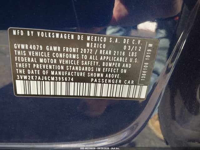 Продаж на аукціоні авто 2012 Volkswagen Jetta 2.0l S, vin: 3VW2K7AJ6CM395674, номер лоту: 46238829