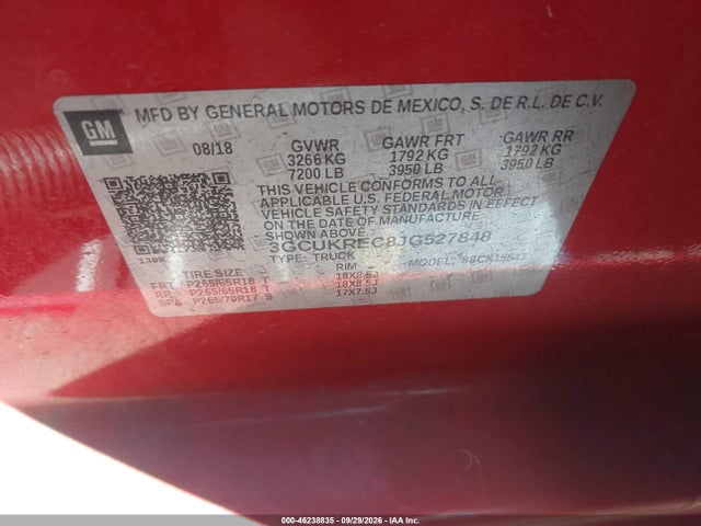 Aukcja sprzedaży 2018 Chevrolet Silverado 1500 2lt, vin: 3GCUKREC8JG527848, numer aukcji: 46238835