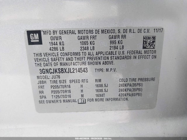 Продаж на аукціоні авто 2018 Chevrolet Trax Ls, vin: 3GNCJKSBXJL214543, номер лоту: 46238836