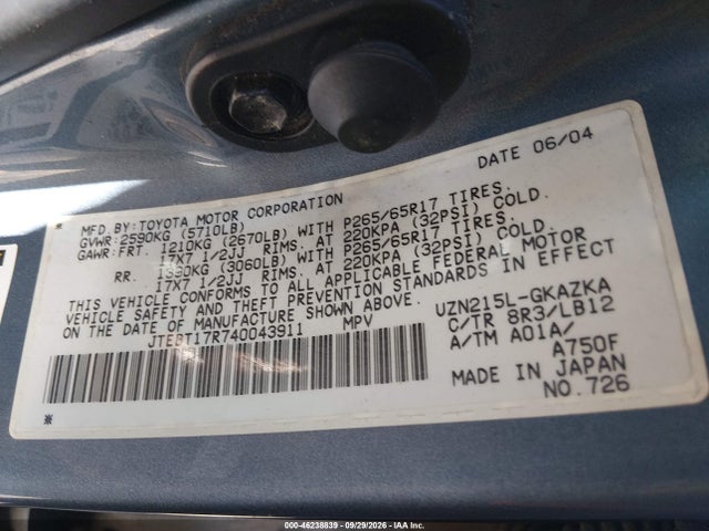 2004 Toyota 4runner Limited V8 მანქანა იყიდება აუქციონზე, vin: JTEBT17R740043911, აუქციონის ნომერი: 46238839