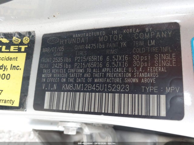 Продаж на аукціоні авто 2005 Hyundai Tucson Gl, vin: KM8JM12B45U152923, номер лоту: 46238844