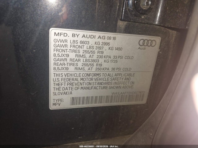 2017 Audi Q7 3.0t Premium მანქანა იყიდება აუქციონზე, vin: WA1LAAF72HD027672, აუქციონის ნომერი: 46238851
