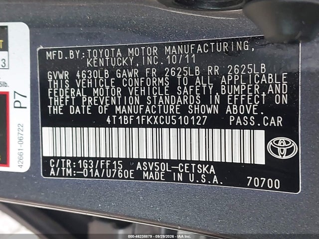 Aukcja sprzedaży 2012 Toyota Camry Se, vin: 4T1BF1FKXCU510127, numer aukcji: 46238879