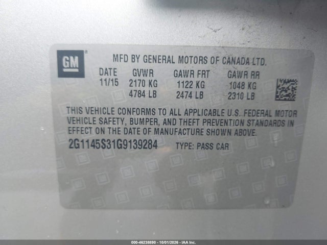 Aukcja sprzedaży 2016 Chevrolet Impala 2lz, vin: 2G1145S31G9139284, numer aukcji: 46238890