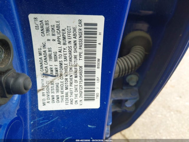 46238895 :رقم المزاد ، 2HGFC2F75JH549208 vin ، 2018 Honda Civic Ex مزاد بيع