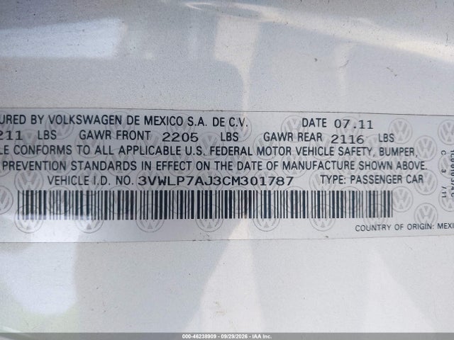 Aukcja sprzedaży 2012 Volkswagen Jetta 2.5l Sel, vin: 3VWLP7AJ3CM301787, numer aukcji: 46238909