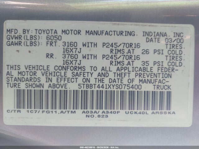 Продажа на аукционе авто 2000 Toyota Tundra Sr5 V8, vin: 5TBBT441XYS075400, номер лота: 46238916