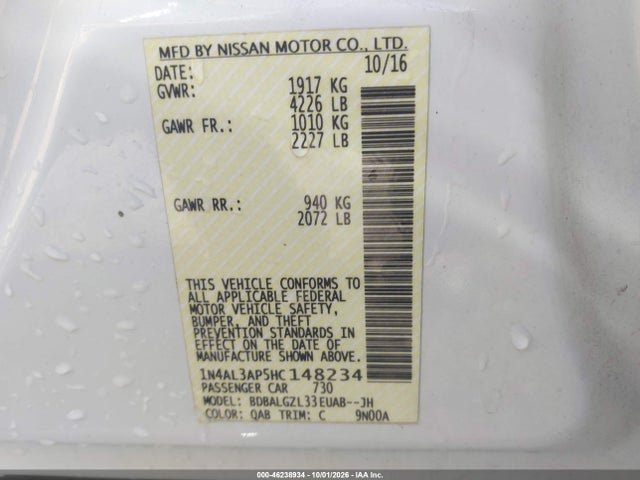 46238934 :رقم المزاد ، 1N4AL3AP5HC148234 vin ، 2017 Nissan Altima 2.5 S مزاد بيع