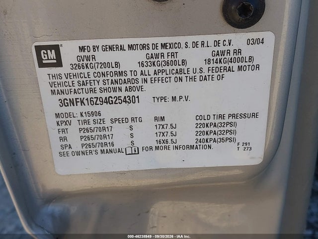 Aukcja sprzedaży 2004 Chevrolet Suburban 1500 Lt, vin: 3GNFK16Z94G254301, numer aukcji: 46238949