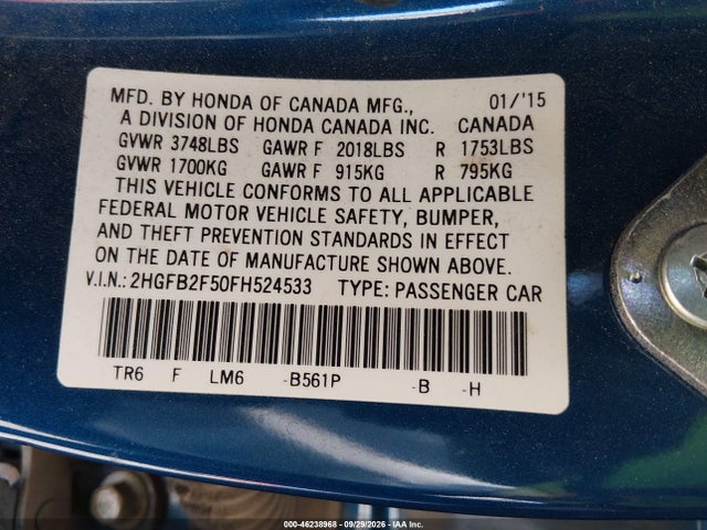 Honda Civic Lx 2015 2HGFB2F50FH524533 Image 9