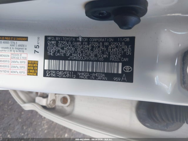 Aukcja sprzedaży 2009 Toyota Prius, vin: JTDKB20UX97859165, numer aukcji: 46238995