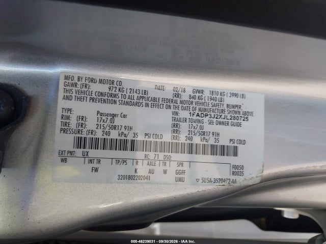 Продажа на аукционе авто 2018 Ford Focus Titanium, vin: 1FADP3J2XJL280725, номер лота: 46239031