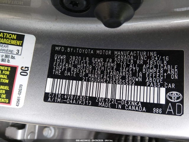 Продажа на аукционе авто 2016 Toyota Corolla Le, vin: 2T1BURHE7GC665592, номер лота: 46239032