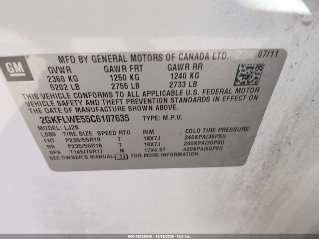 Продаж на аукціоні авто 2012 Gmc Terrain Slt-2, vin: 2GKFLWE55C6107635, номер лоту: 46239049