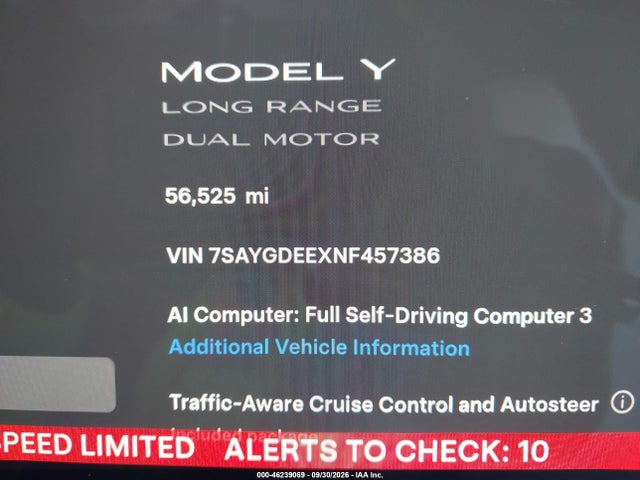 Продаж на аукціоні авто 2022 Tesla Model Y Long Range Dual Motor All-wheel Drive, vin: 7SAYGDEEXNF457386, номер лоту: 46239069