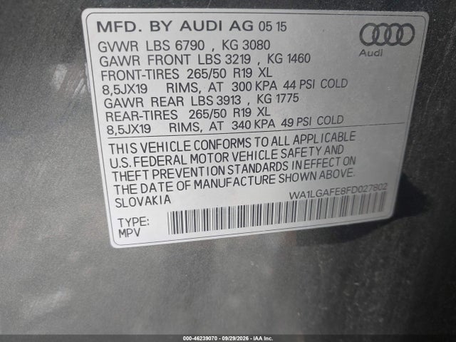 Auction sale of the 2015 Audi Q7 3.0t Premium, vin: WA1LGAFE8FD027802, lot number: 46239070