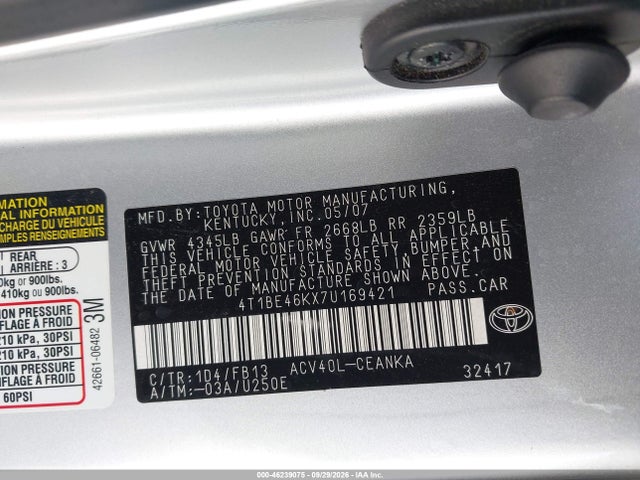 Aukcja sprzedaży 2007 Toyota Camry Le, vin: 4T1BE46KX7U169421, numer aukcji: 46239075