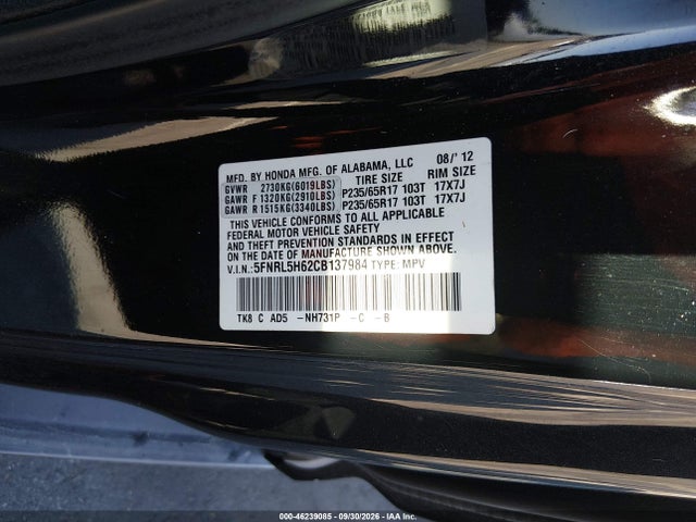 Продажа на аукционе авто 2012 Honda Odyssey Ex-l, vin: 5FNRL5H62CB137984, номер лота: 46239085