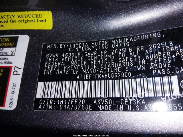 46239088 :رقم المزاد ، 4T1BF1FK4HU662900 vin ، 2017 Toyota Camry Se مزاد بيع