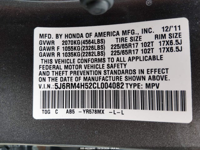 46239090 :رقم المزاد ، 5J6RM4H52CL004082 vin ، 2012 Honda Cr-v Ex مزاد بيع