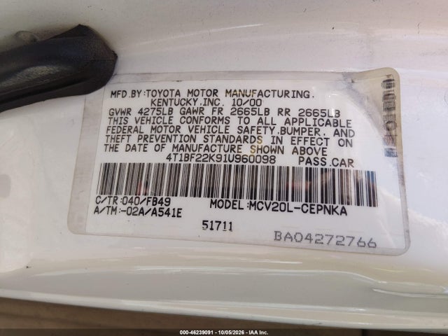 Auction sale of the 2001 Toyota Camry Le V6, vin: 4T1BF22K91U960098, lot number: 46239091