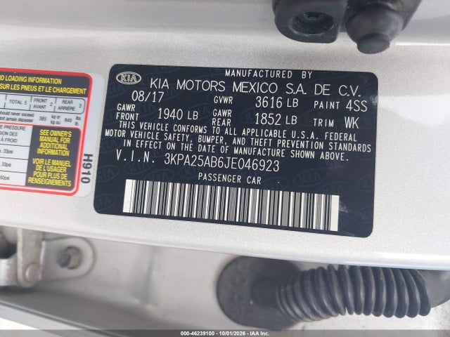 46239100 :رقم المزاد ، 3KPA25AB6JE046923 vin ، 2018 Kia Rio S مزاد بيع