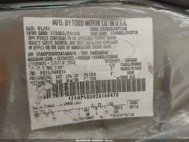 Продаж на аукціоні авто 2002 Ford Taurus Se, vin: 1FAHP58U02A168470, номер лоту: 46239109