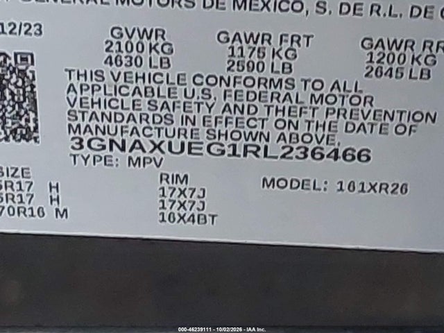 Продаж на аукціоні авто 2024 Chevrolet Equinox Awd Lt, vin: 3GNAXUEG1RL236466, номер лоту: 46239111