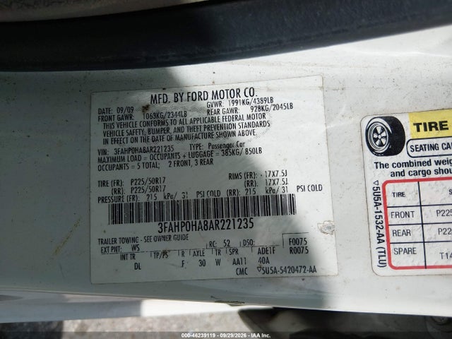 46239119 :رقم المزاد ، 3FAHP0HA8AR221235 vin ، 2010 Ford Fusion Se مزاد بيع