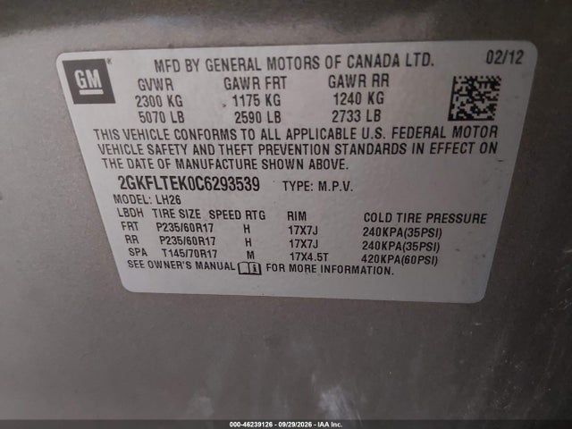 46239126 :رقم المزاد ، 2GKFLTEK0C6293539 vin ، 2012 Gmc Terrain Sle-2 مزاد بيع