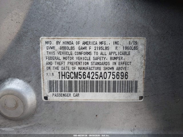 46239136 :رقم المزاد ، 1HGCM56425A075696 vin ، 2005 Honda Accord 2.4 Lx مزاد بيع