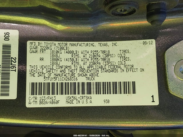 Продаж на аукціоні авто 2012 Toyota Tundra Grade 5.7l V8, vin: 5TFUY5F11CX268316, номер лоту: 46239141
