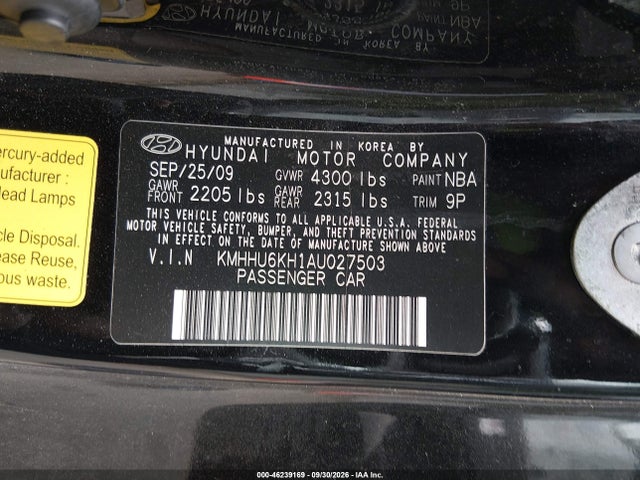 Aukcja sprzedaży 2010 Hyundai Genesis 3.8 Track, vin: KMHHU6KH1AU027503, numer aukcji: 46239169