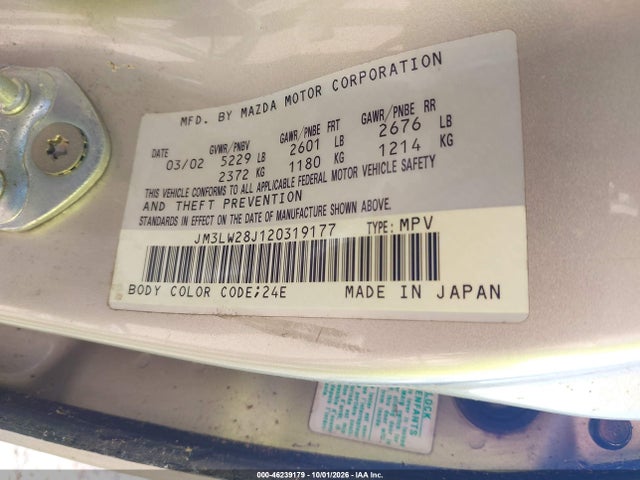 2002 Mazda Mpv Es/lx მანქანა იყიდება აუქციონზე, vin: JM3LW28J120319177, აუქციონის ნომერი: 46239179