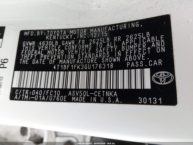 46239187 :رقم المزاد ، 4T1BF1FK3GU176318 vin ، 2016 Toyota Camry Le مزاد بيع