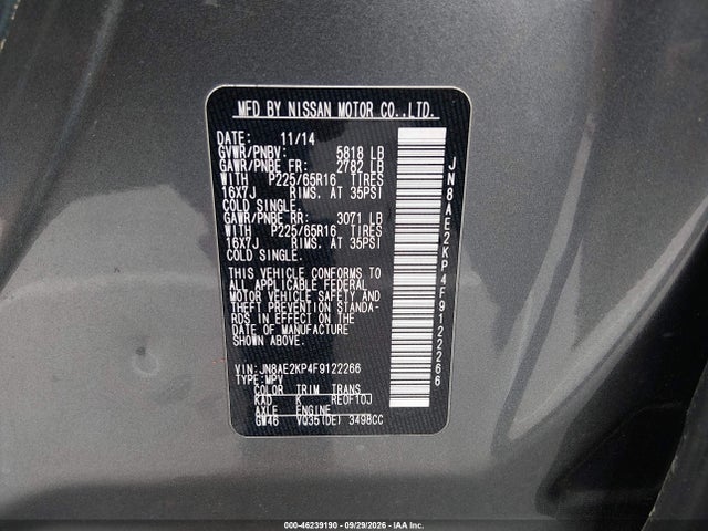 Продажа на аукционе авто 2015 Nissan Quest Sv, vin: JN8AE2KP4F9122266, номер лота: 46239190