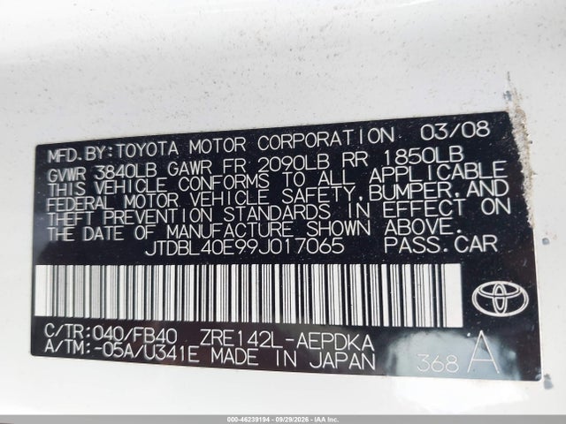 46239194 :رقم المزاد ، JTDBL40E99J017065 vin ، 2009 Toyota Corolla Le مزاد بيع