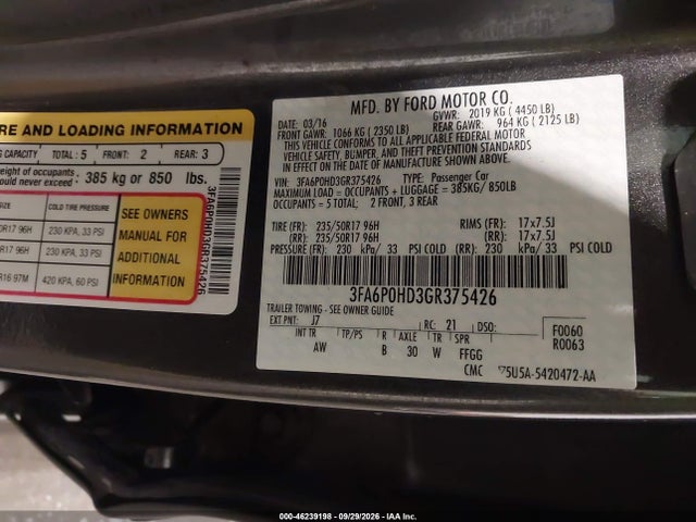 Продажа на аукционе авто 2016 Ford Fusion Se, vin: 3FA6P0HD3GR375426, номер лота: 46239198