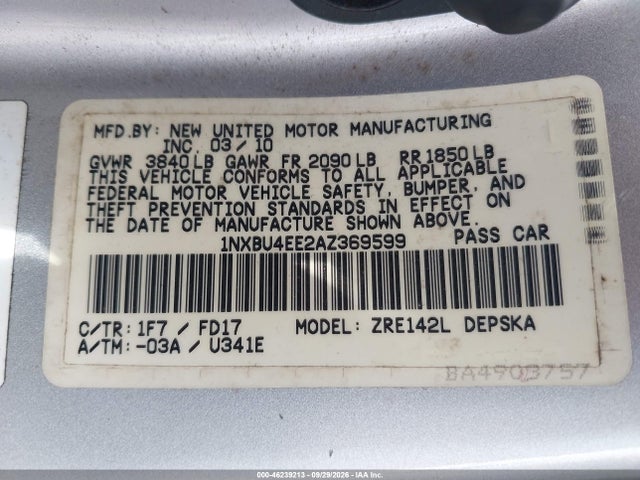 Aukcja sprzedaży 2010 Toyota Corolla S, vin: 1NXBU4EE2AZ369599, numer aukcji: 46239213