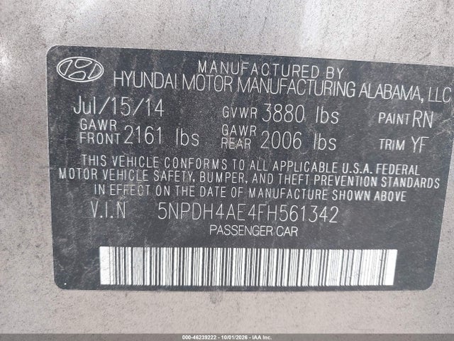 46239222 :رقم المزاد ، 5NPDH4AE4FH561342 vin ، 2015 Hyundai Elantra Se مزاد بيع