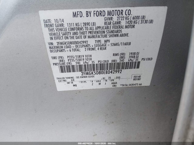 46239228 :رقم المزاد ، 2FMGK5D80EBD42992 vin ، 2014 Ford Flex Limited مزاد بيع