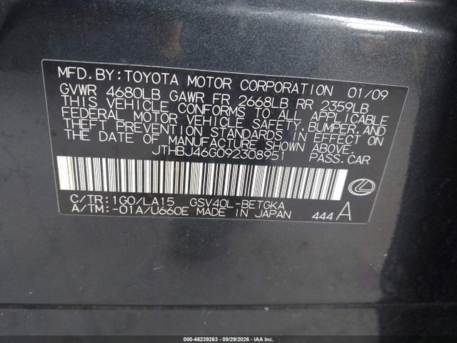 46239263 :رقم المزاد ، JTHBJ46G092308951 vin ، 2009 Lexus Es 350 مزاد بيع