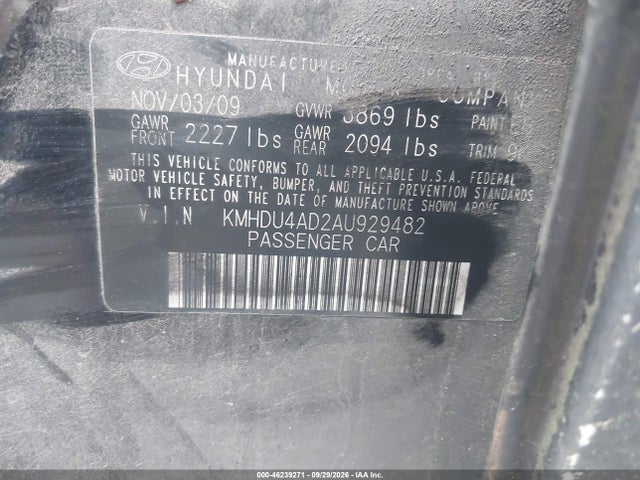 Продаж на аукціоні авто 2010 Hyundai Elantra Gls, vin: KMHDU4AD2AU929482, номер лоту: 46239271