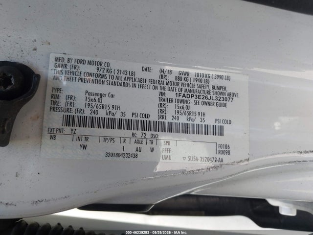 2018 Ford Focus S მანქანა იყიდება აუქციონზე, vin: 1FADP3E26JL323077, აუქციონის ნომერი: 46239293