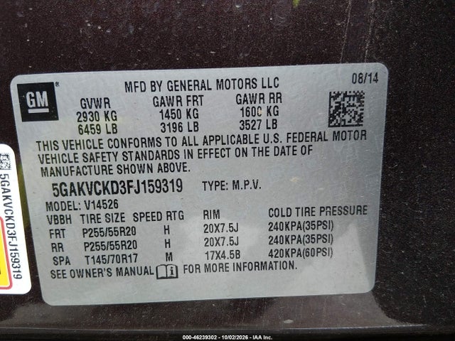 Продажа на аукционе авто 2015 Buick Enclave Premium, vin: 5GAKVCKD3FJ159319, номер лота: 46239302