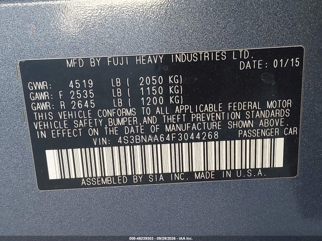 Продаж на аукціоні авто 2015 Subaru Legacy 2.5i, vin: 4S3BNAA64F3044268, номер лоту: 46239303