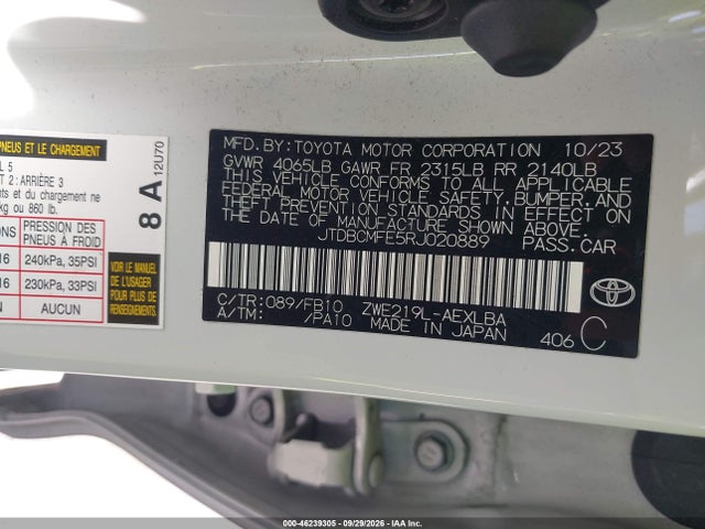 Продажа на аукционе авто 2024 Toyota Corolla Hybrid Le, vin: JTDBCMFE5RJ020889, номер лота: 46239305